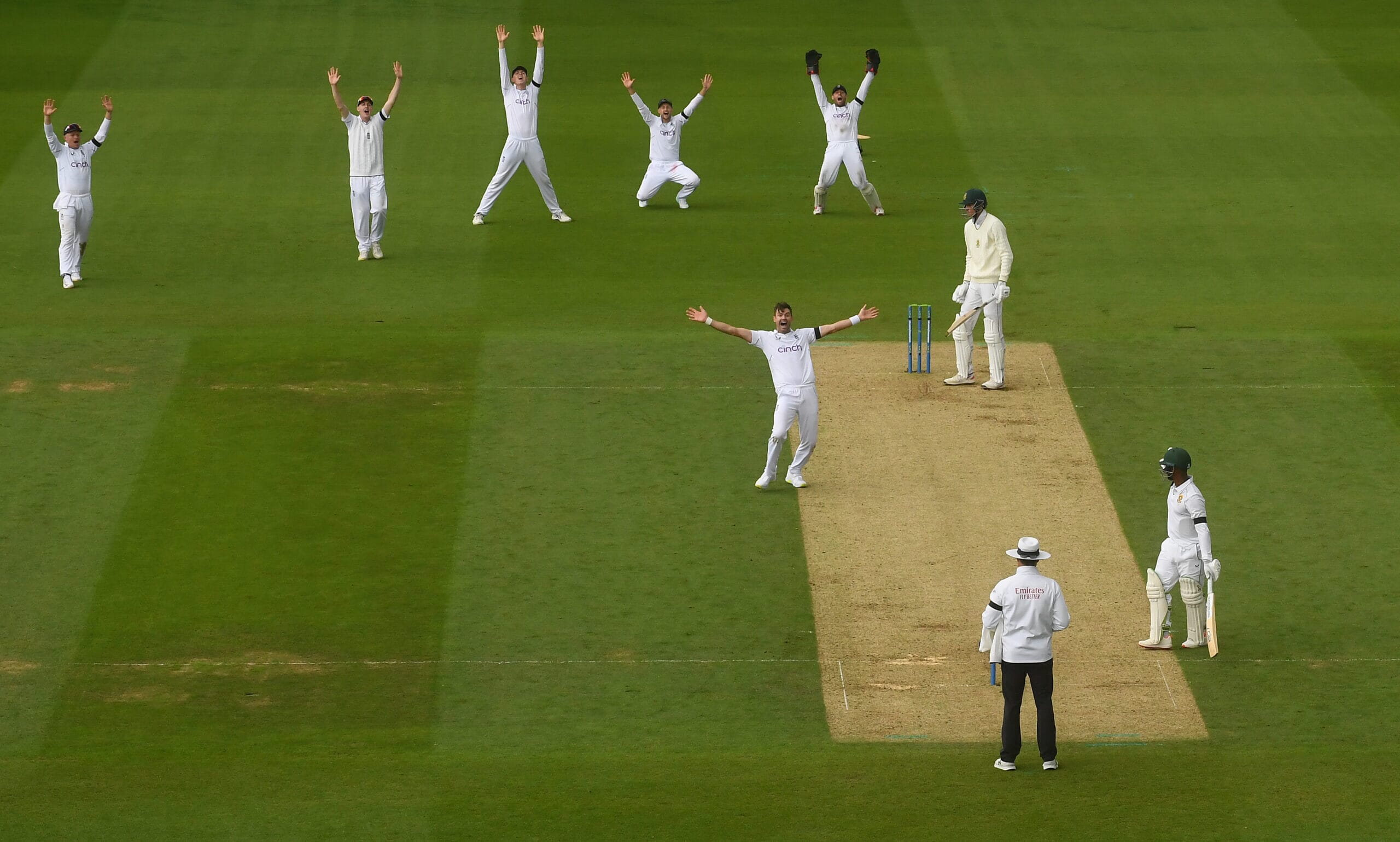 England Test Match featuring James Anderson appealing to the umpire for an LBW decision.