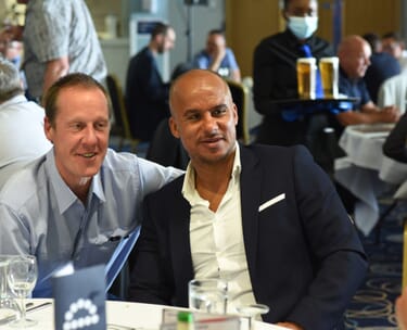 Aston villa v freiburg sporting dinner 13 Gabby Agbonlahor on the speaker sponsor table at our World Cup hospitality at Edgbaston