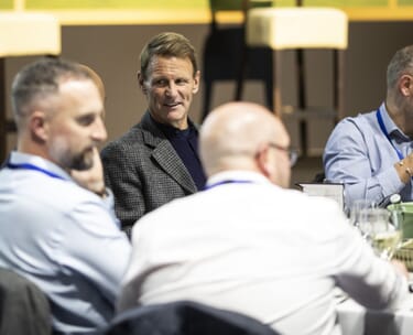 Teddy Sheringham at a speaker sponsor table for the London World Cup Big Screen - England v Wales