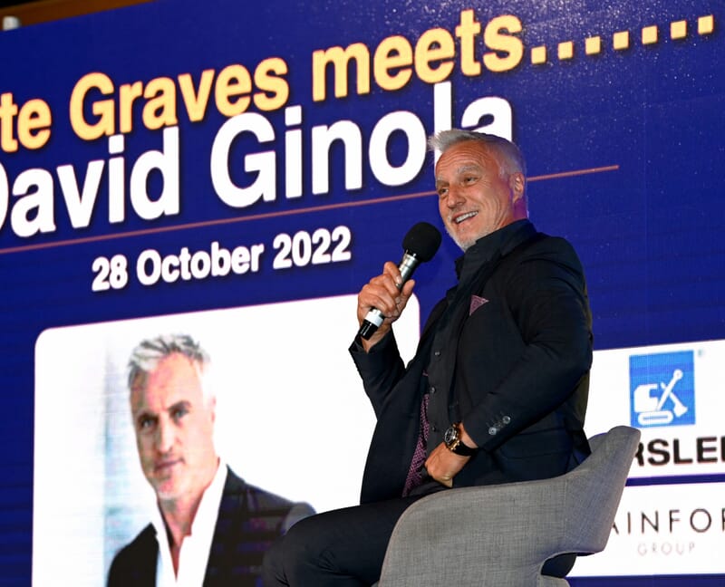 Our star man engages the audience at Pete Graves Meets David Ginola