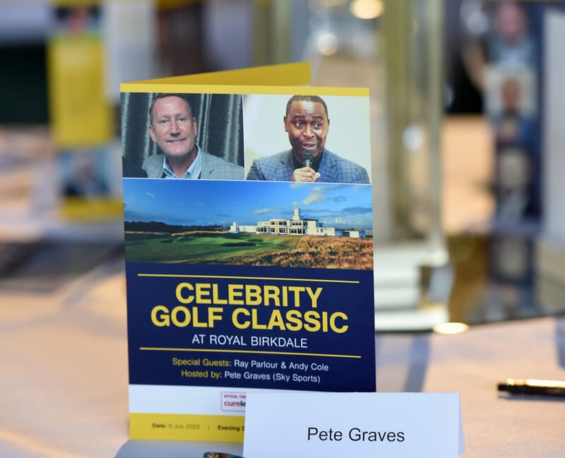 Our host Sky Sport's host Pete Graves' table place is set at the Celebrity Golf Classic 2023 at Royal Birkdale